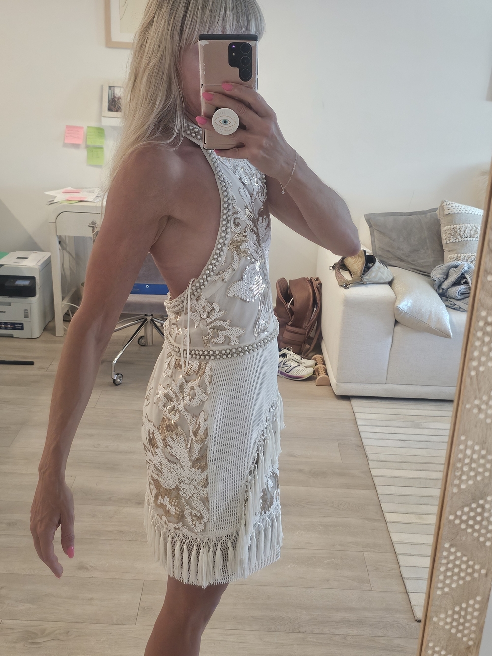 12th TRIBE Like Gold dust White SEQUIN fringe Dress Sz L - Picture 15 of 16